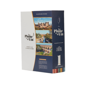 Coffret cadeau premium de vin Occitanie de la collection monuments historique de 3 bouteilles. Sur le fourreau on voit trois monuments célèbres la Cité de Carcassonne, le Canal du midi et le pont du Gard, le logo de l'entreprise la plume et le vin.