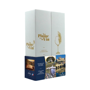 Coffret élégant de vin plaisir d'offrir Prémium Béziers Méditerranée avec le logo doré de la plume et le vin. Sur le bandeau on voit sur la face principale 2 visuels les écluses de Fonséranes et un vue sur le pont vieux et la cathédrale de Béziers, et sur la tranche avant une image d'un paysage, d'un livre et d'un verre à pied avec à l'intérieur 1 plume.