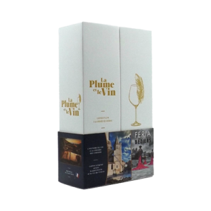 Coffret élégant de vin plaisir d'offrir Prémium Féria de Béziers avec le logo doré de la plume et le vin de la collection évènement et personnalisation. Sur le bandeau on voit sur la face principale 2 visuel l'affiche de la Féria 2024 et l'église de la madeleine de Béziers, et sur la tranche avant une image d'un paysage, d'un livre et d'un verre à pied avec à l'intérieur 1 plume.